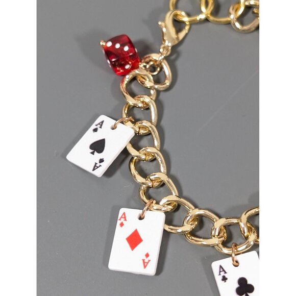 Lucky Ace Card Dice Charm Bracelet Poker Gold Tone 7 in - Picture 6 of 7